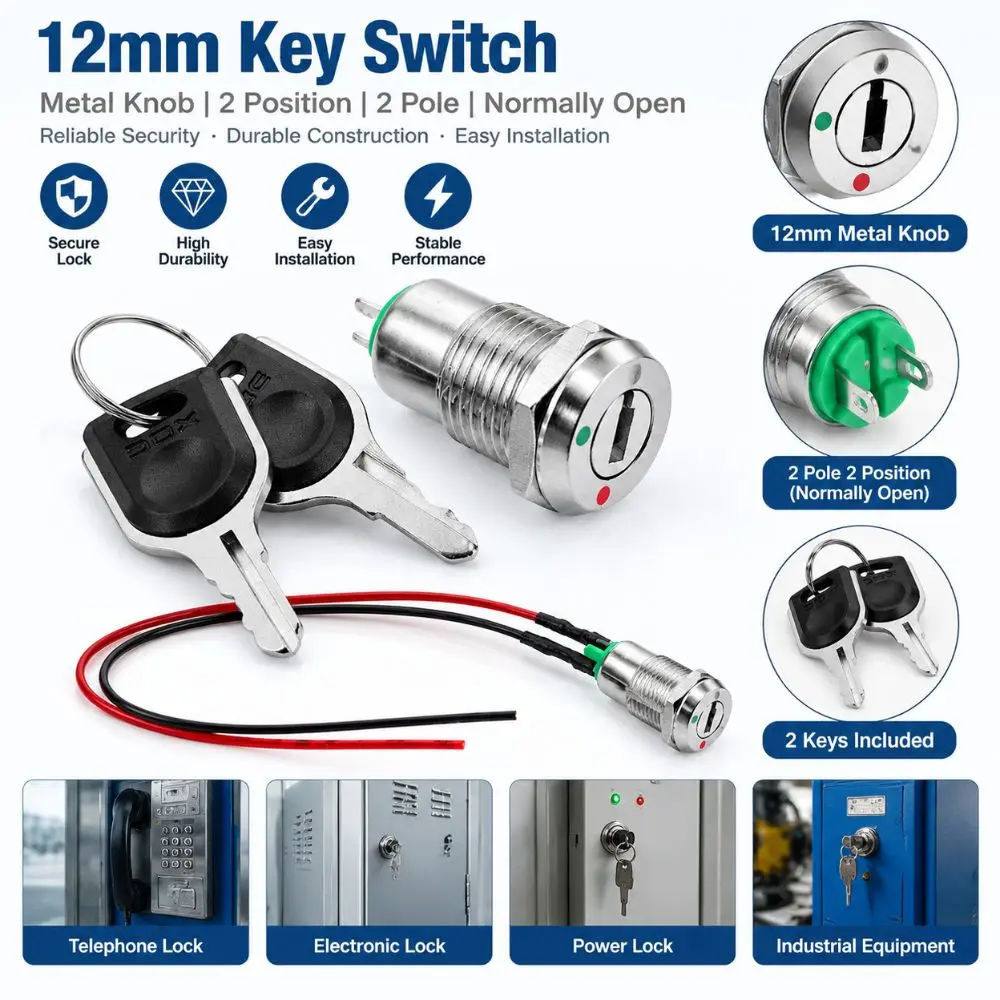 12mm Diameter Key Lock Switch Tubular Terminals 2 Position Prewired Key Switch ON OFF Function Maintained Key Switch