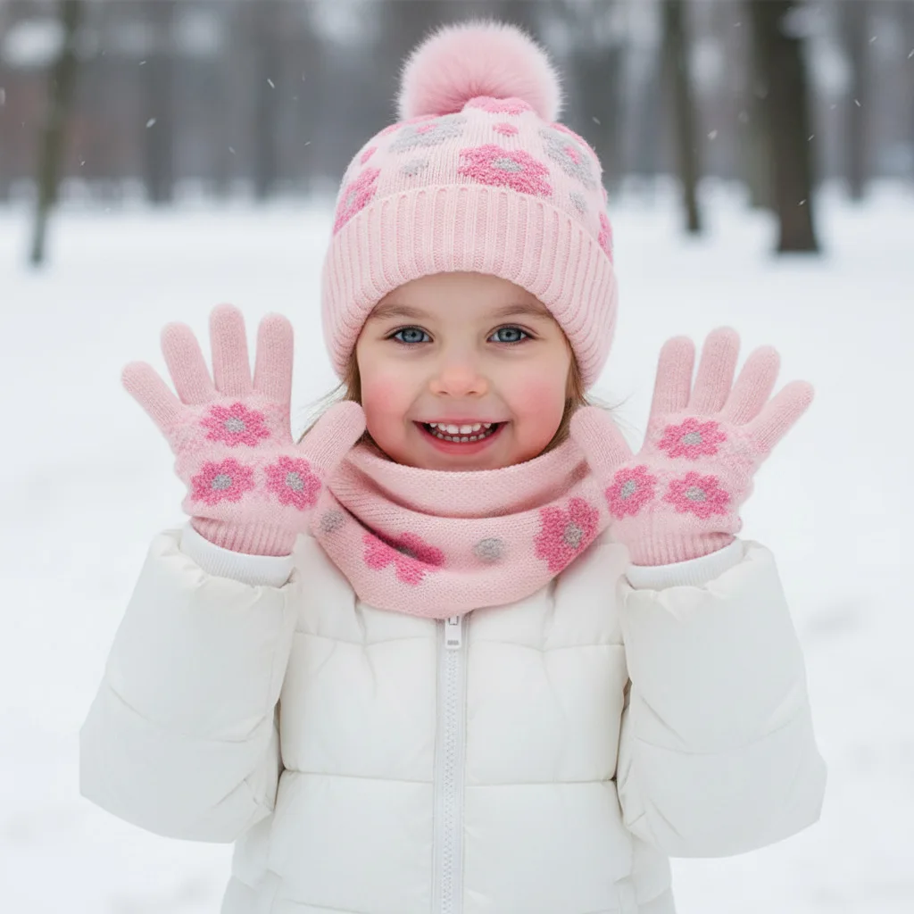 Kids Floral Knit Beanie Hat Fleece Lined Warm Winter Ear Cover Pullover Cap for Boys Girls Outdoor Wear