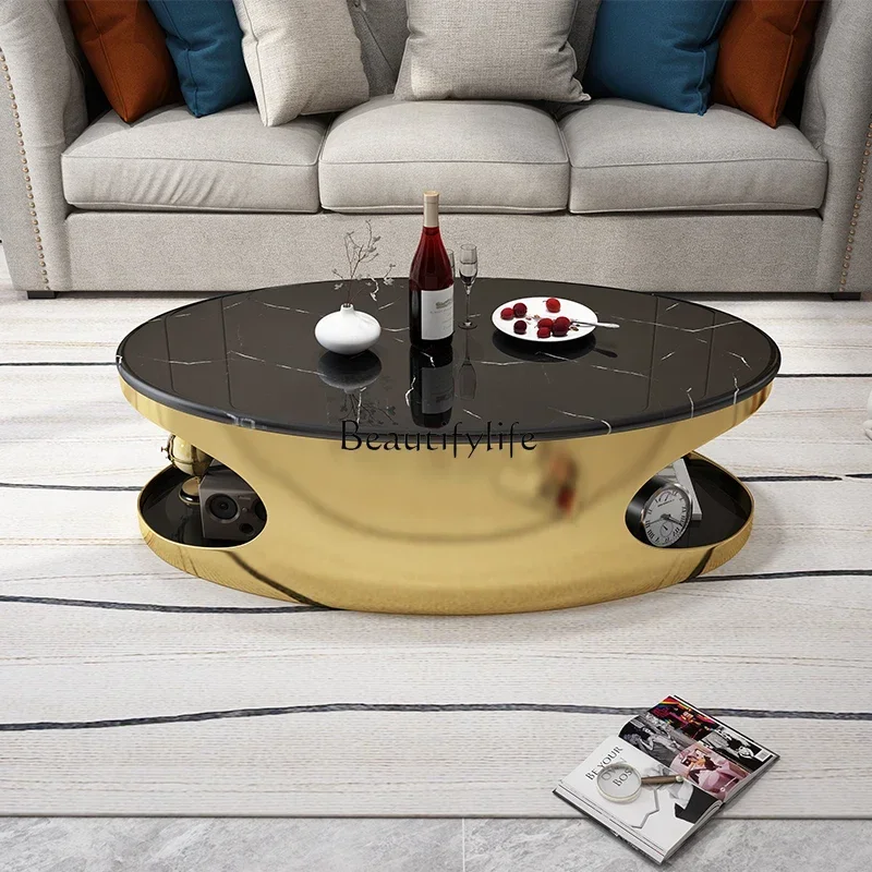 

02Light Luxury Modern Golden Oval Marble Stainless Steel Storage Hollow Bright Tea Table