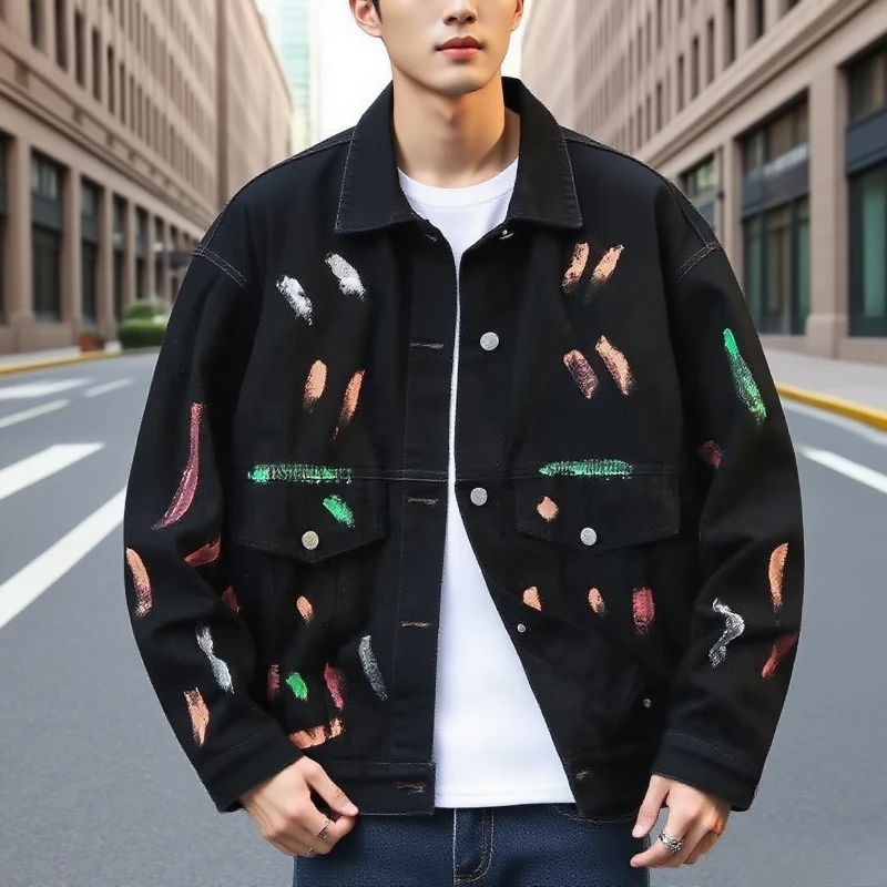

American Retro Graffiti Cowboy Coats Men's Rascal Handsome Spring and Autumn High Street Trendy Brand Loose Collar Casual Jacket