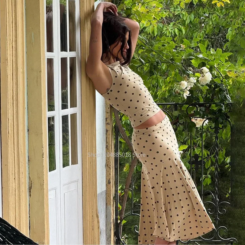 Polka Dot Long Skirt Set For Women O Neck Sleeveless Vest Top Pleated Skirt Set Female Fashion Office Lady Dress Sets