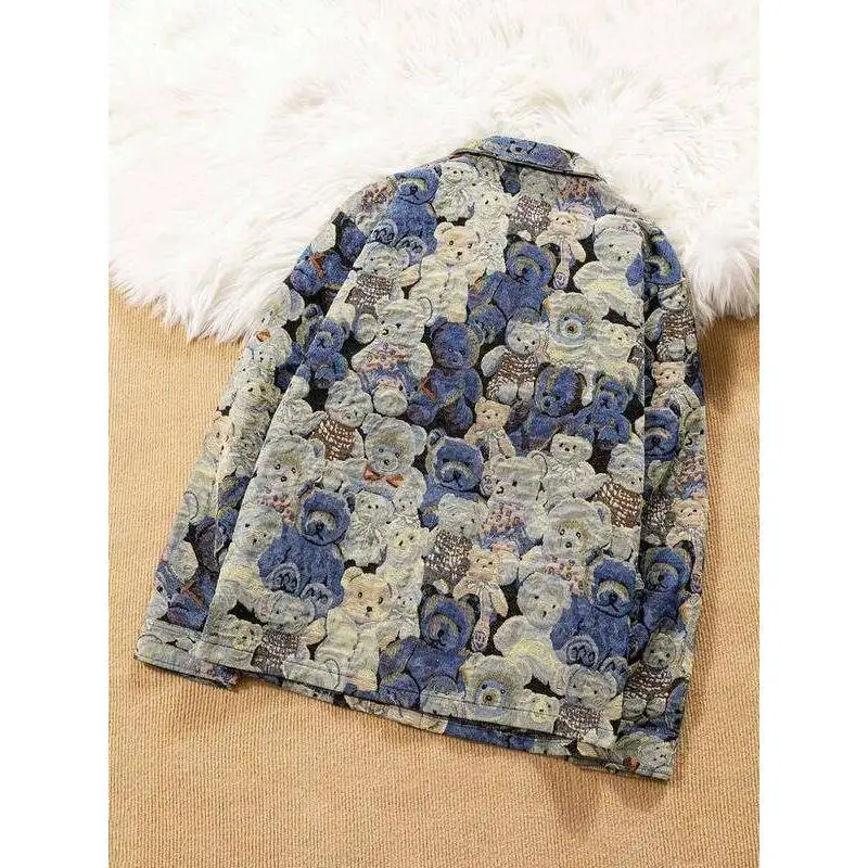 Men's Bear Print Jacket Shirt Summer Casual Cotton PU Short Sleeve CleanFit Stand Collar Inner Wear Comfortable Fit Shirt