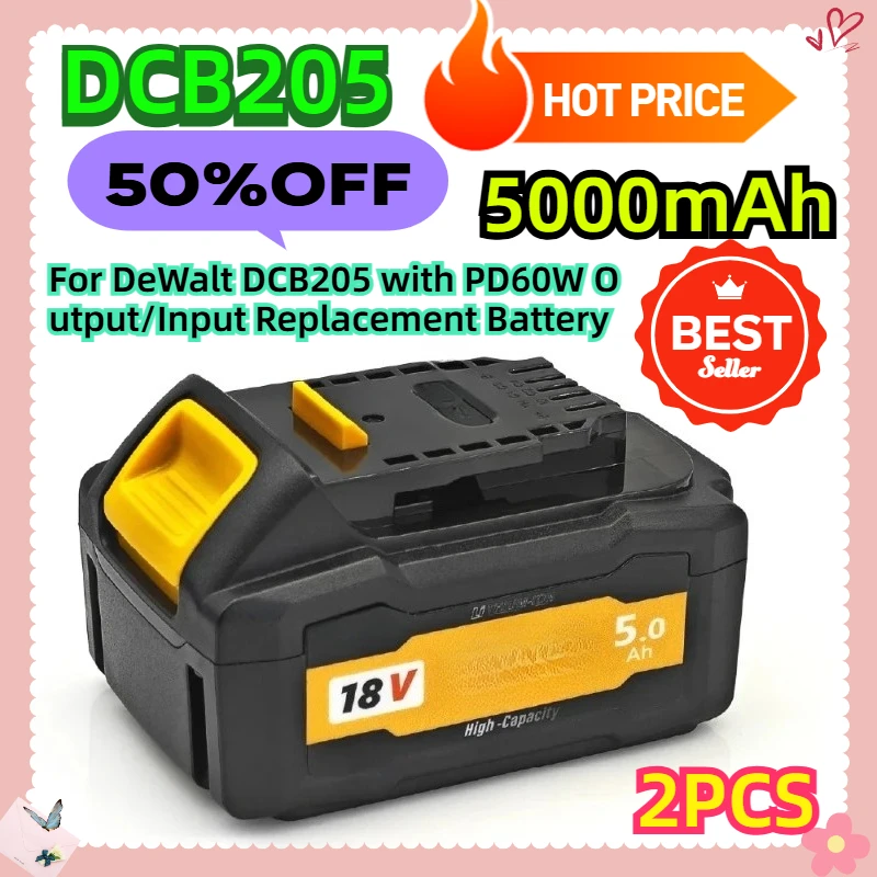 

For DeWalt DCB205 5Ah with PD60W Output/Input Replacement Battery 2pcs