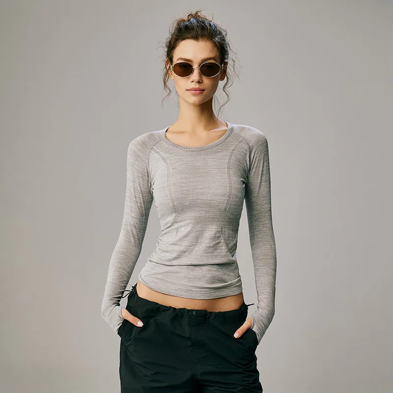 Nahtloses Yoga-T-Shirt für Damen, Sport-Top mit Rundhalsausschnitt, schmal geschnitten, langärmelig, für Laufen, Fitness, Workout, Gym – Detail 31