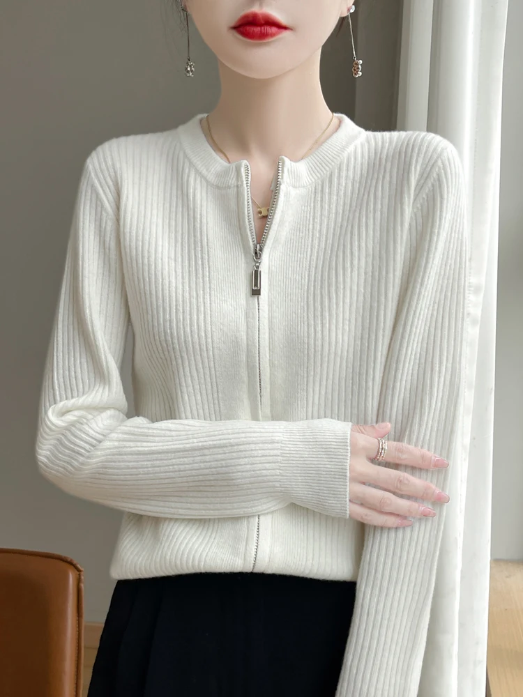 New Chic Women Cashmere Sweater O-Neck Zipper Cardigan Autumn Winter 100% Merino Wool Knitwear Quality Soft Tops Korean Popular