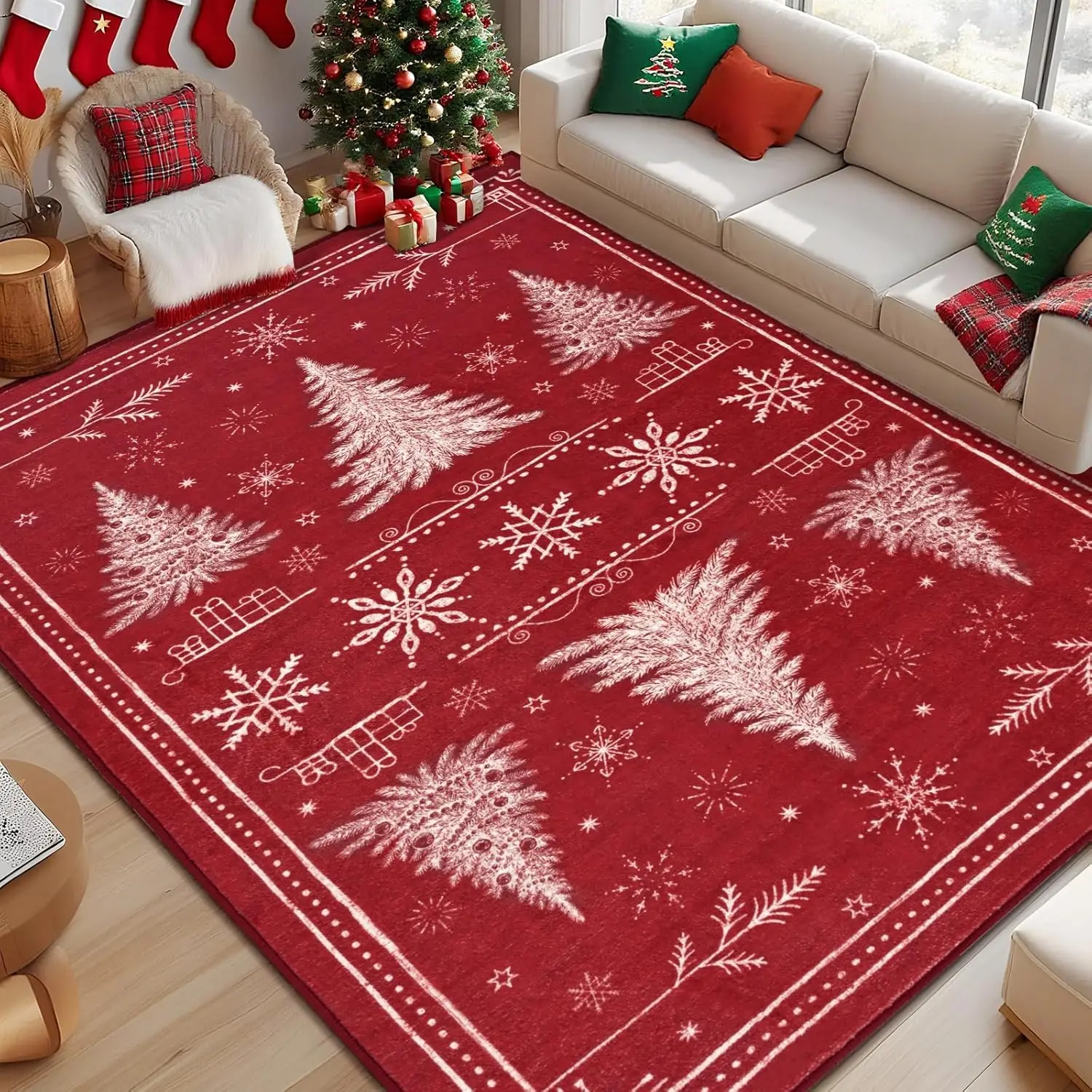 Xmas Tree Washable Rug Non-Slip Rugs for Bedroom, Snowflake Soft Large Floor Carpet for Under Dining Table Kid Room Holiday
