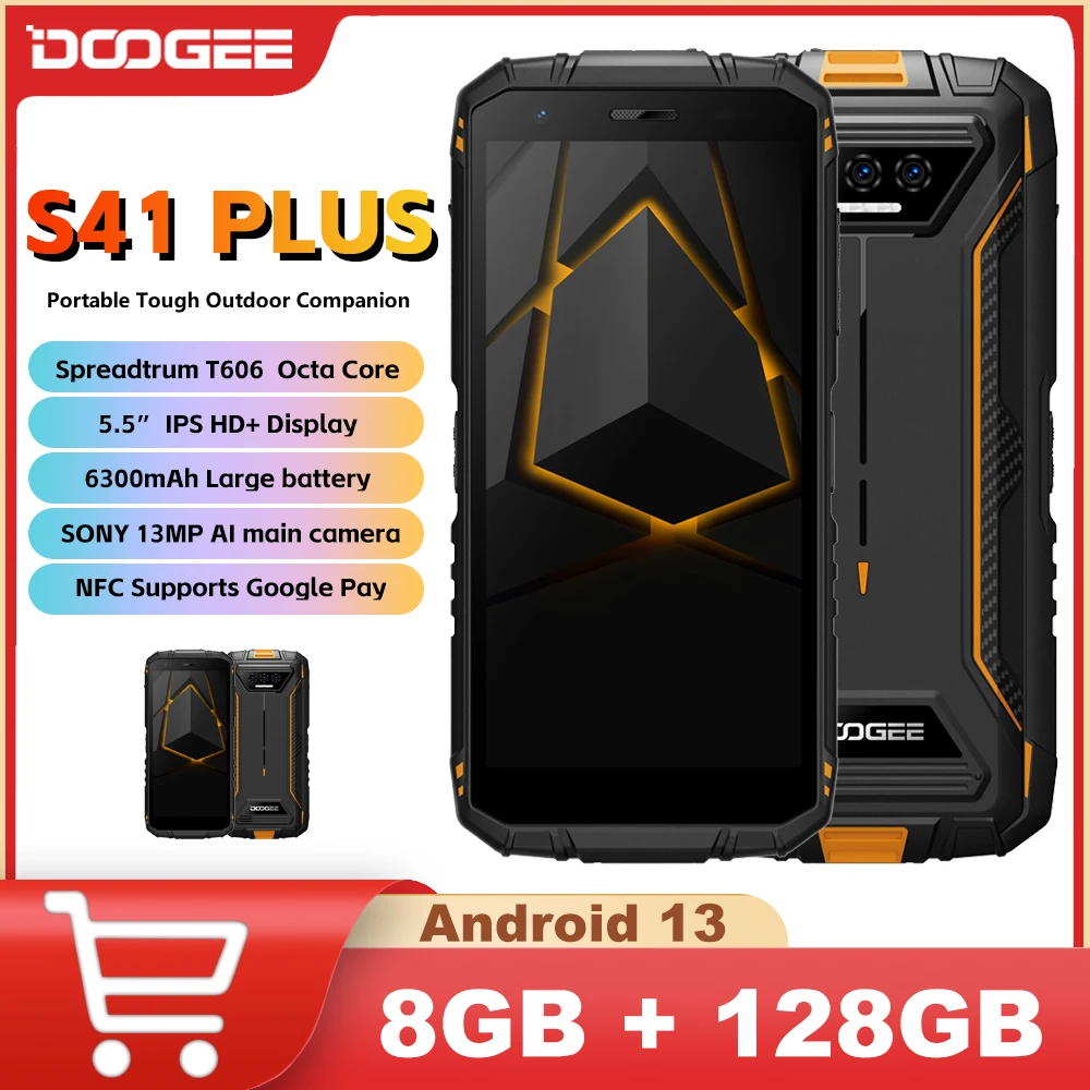 

DOOGEE S41 PLUS Rugged Phone 5.5"IPS HD Display 4GB+128GB 6300mAh Batterty 13MP AI Camera Spreadtrum T606 4G OTG NFC Android 13