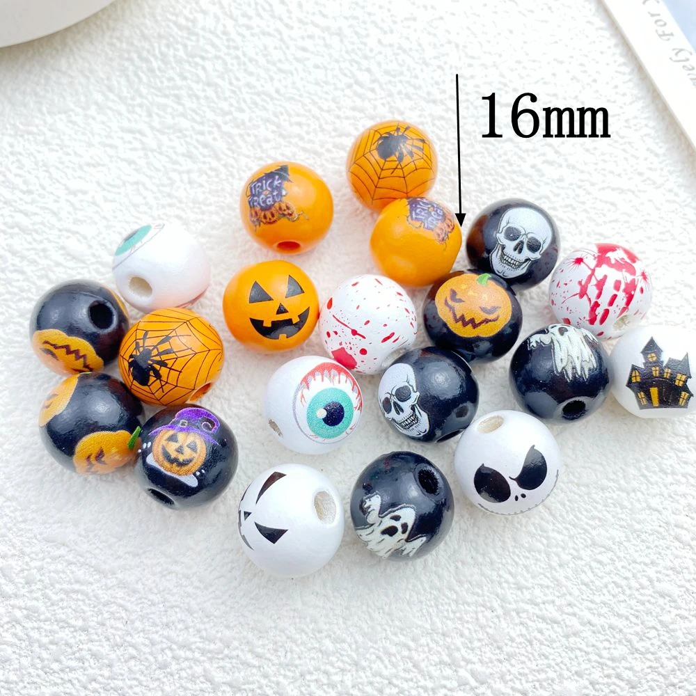 10Pcs New Halloween 16mm Perforated Wood Beads Series Suitable For Jewelry Making DIY Bracelet Accessories