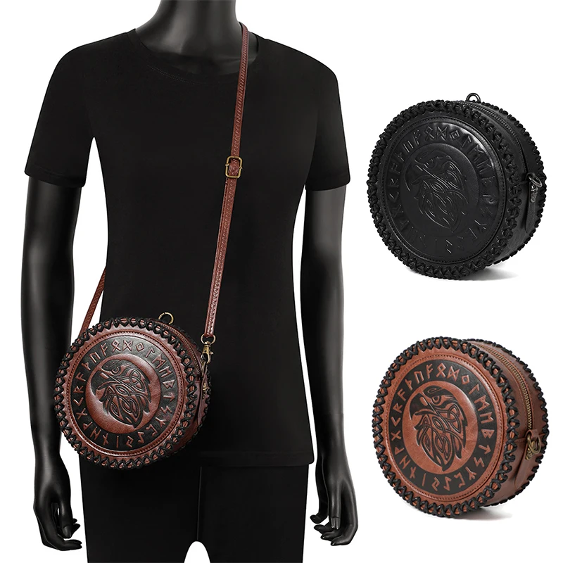 Bolso Circular de hombro para hombre y mujer, riñonera de cintura de caballero vikingo medio de cuero PU, bolso cruzado lateral Vintage