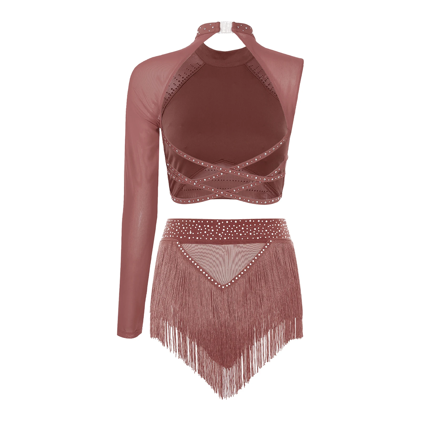 Traje de baile lírico latino para mujer, Ropa de baile, trajes de gimnasia de un hombro, Top corto de malla con bragas, trajes de patinaje artístico