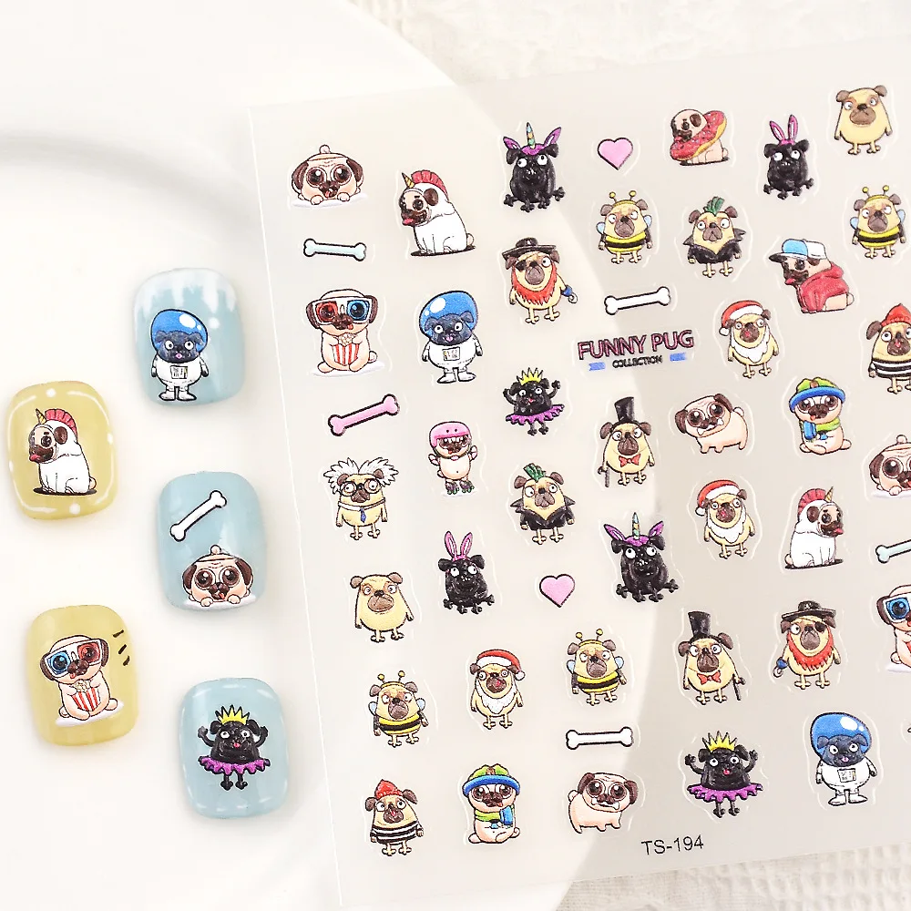 Funny Cute Pug Cartoon 5D Embossed Reliefs Self Adhesive Nail Art Decorations Stickers Lovely Puppy Manicure Decals Wholesale