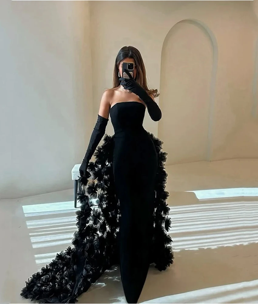 

Customized High Quality Jersey Detachable Sleeve 3D Flowers Evening Dress Sexy Sleeveless Strapless Bespoke Occasion Gowns