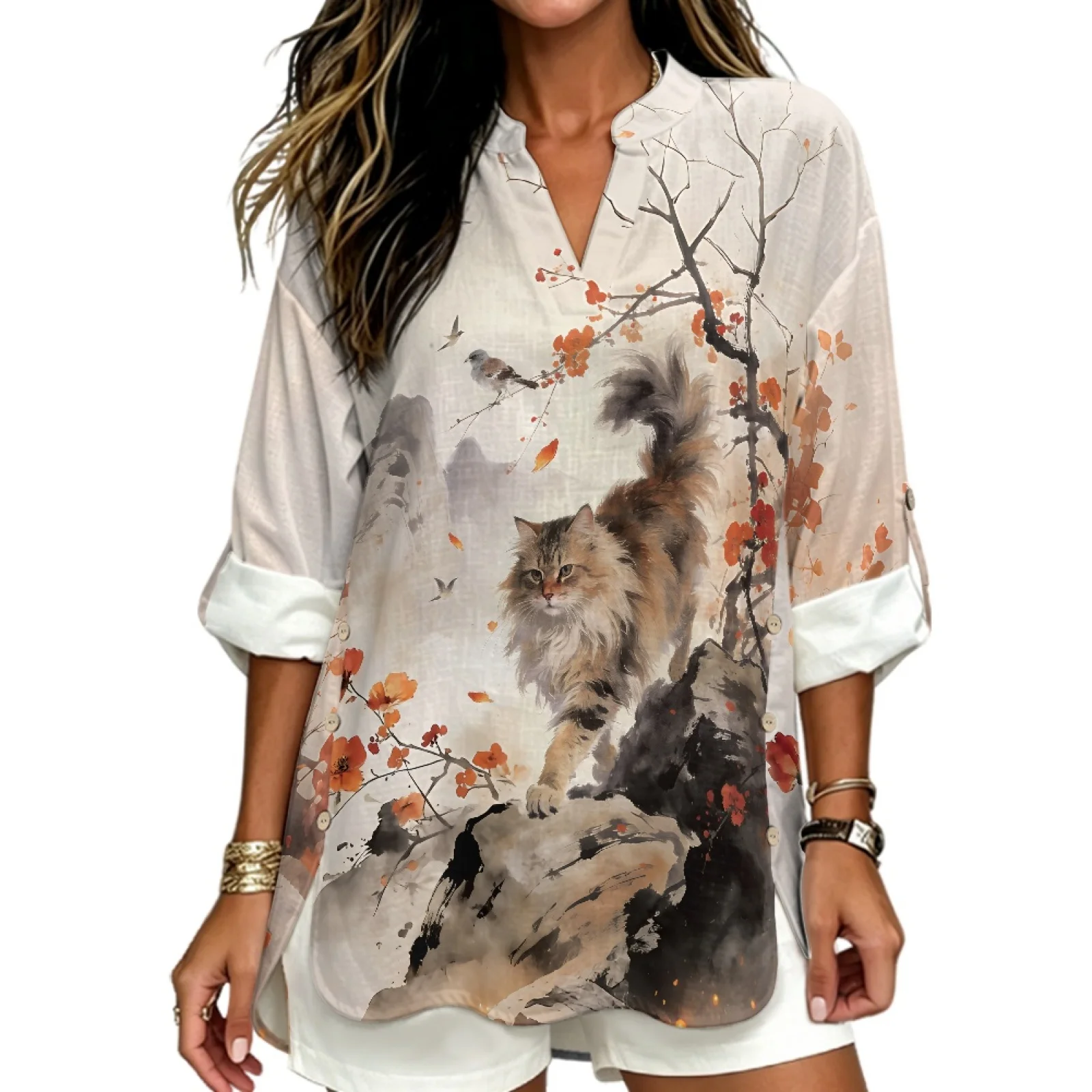 PENSTROLL Cat Flower Print Linen Like Tunic Tops Comfortable Loose Fit Blouses for Ladies Sizes S-5XL