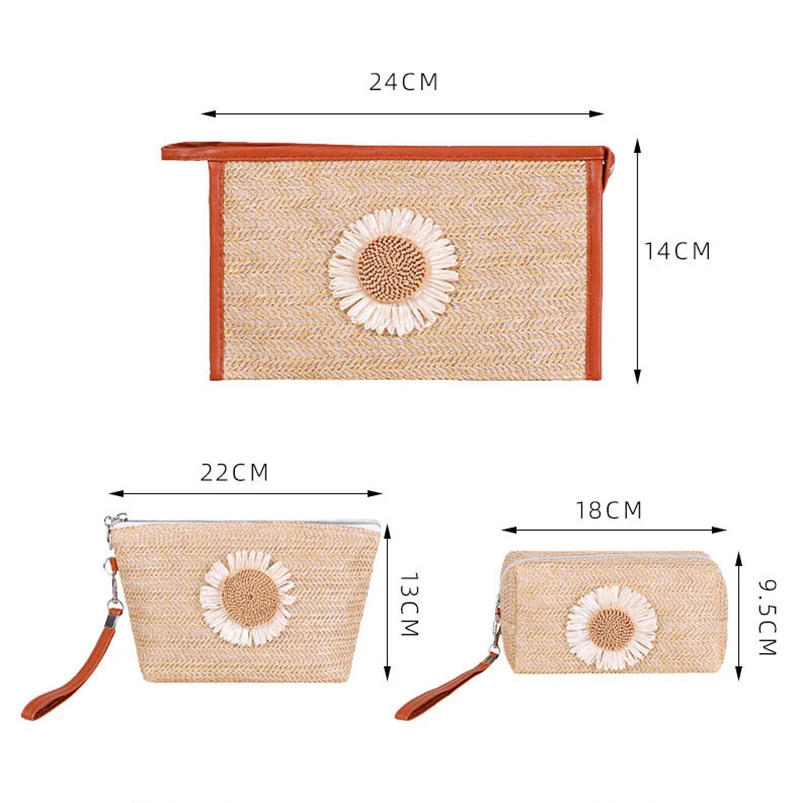 5pcs Makeup Bags Women Straw Weaving Sunflower Decoration Environmental Protection Travel Storage Bag