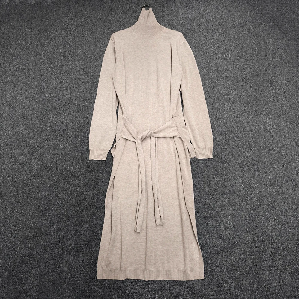 

Wool-blend Women's Dress Y2K-inspired Tie-Waist High-Neck Long-Sleeve Knitted Dress with Slit 2025 Autumn/Winter New Arrivals