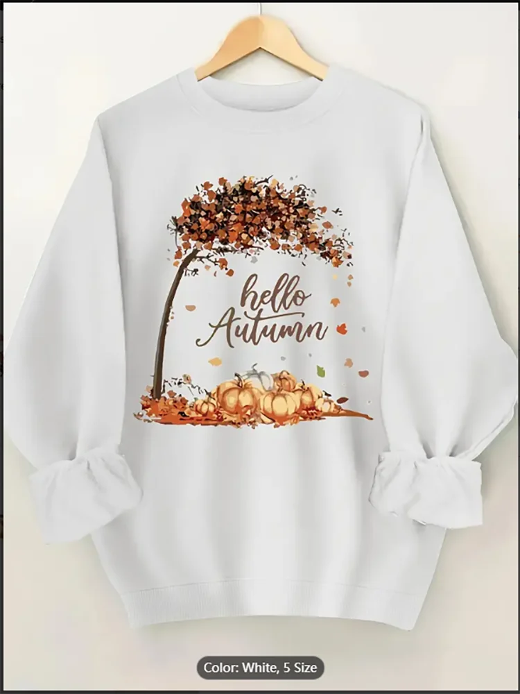 

Casual Crew Neck Sweatshirt with Hello Autumn Print -Cozy Fall-Themed Design Featuring Maple Trees and Pumpkins Perfect for Fall