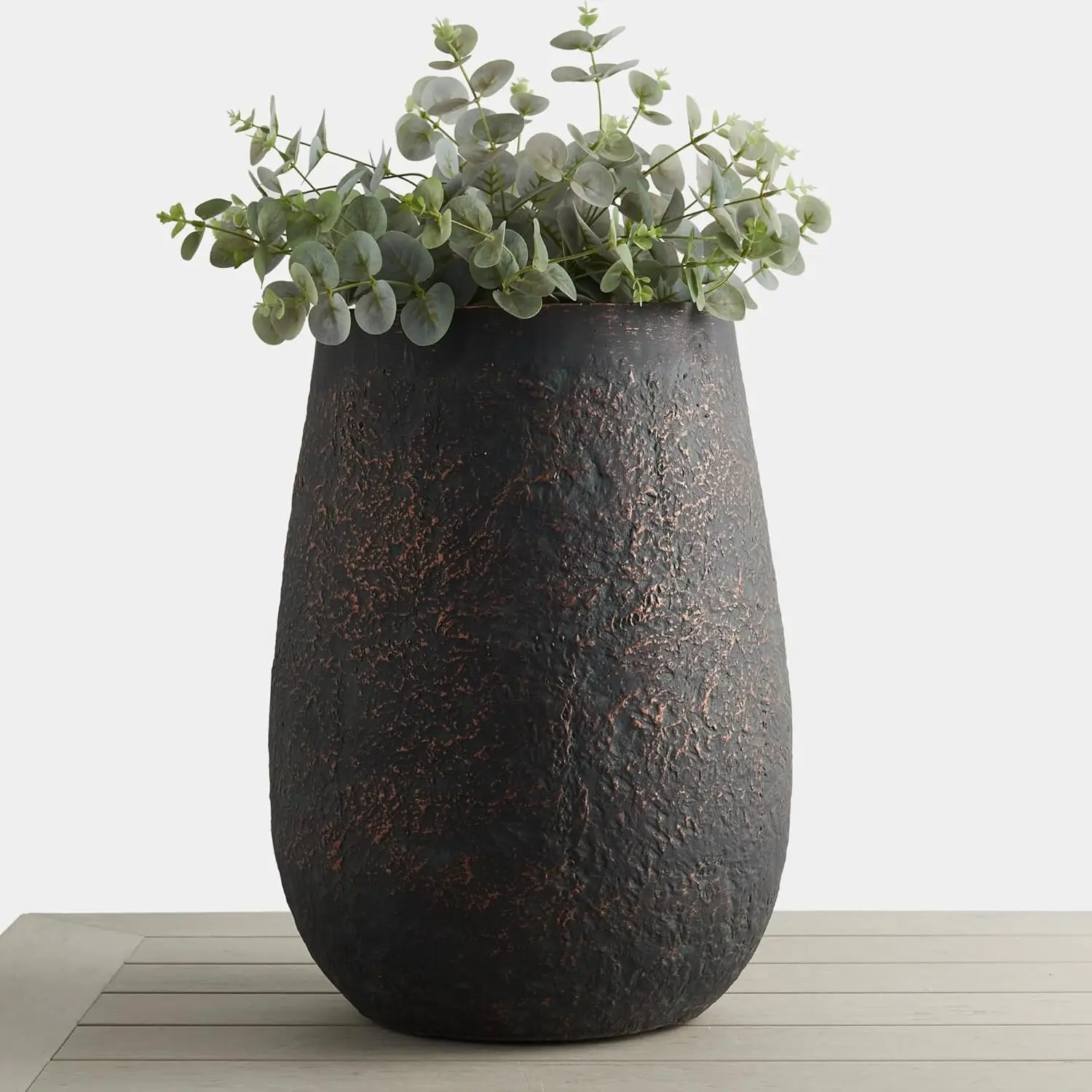 

20" H Weathered Concrete Tall Planter, Black Large Outdoor Indoor Decorative Flower Pot with Drainage Hole, Modern Round