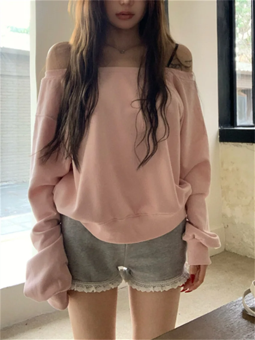 PLAMTEE Skew Collar Sweatshirts Women Loose Office Lady 2024 Off Shoulders Casual New Chic Autumn Fashion Slim Sports Shorts