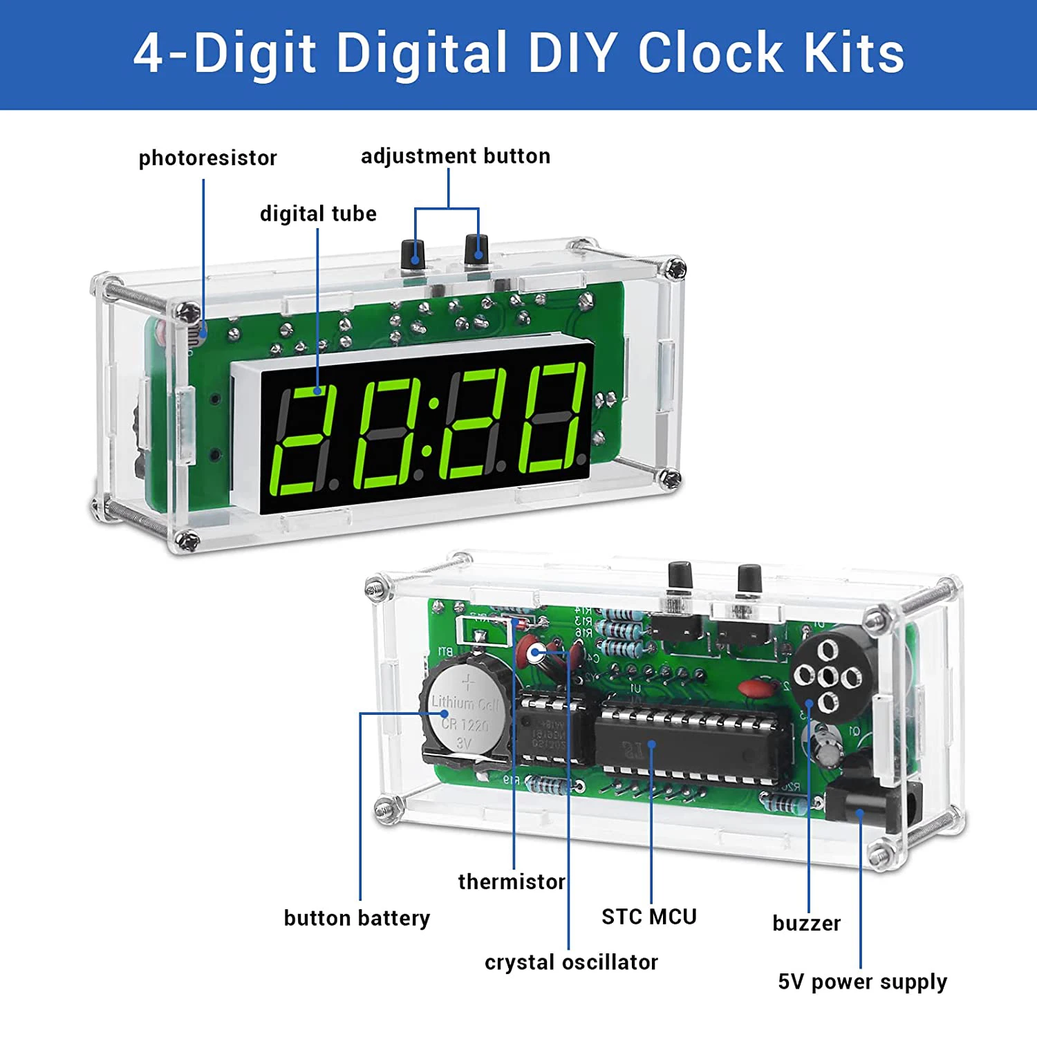 DIY Electronic Kit Clock Digital LED Display Time Light Control Temperature Meter Green/Blue/Red Soldering Project Practice Kit