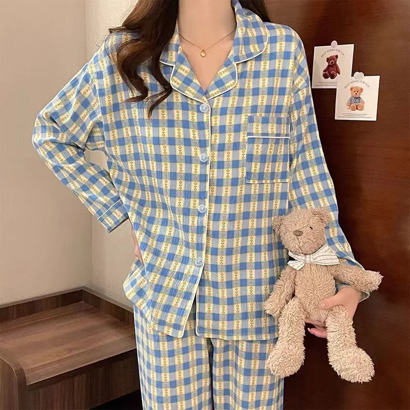 Blue Plaid Pajamas Set Women Retro Cloud Cotton Long Sleeves Long Pants Pj Casual Sleepwear Flower Pyjamas Cute Pijamas Cozy Pjs