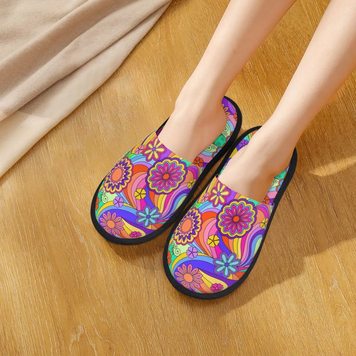 Custom Groovy Psychedelic Flower Power Slippers Memory Foam Warm Soft Women House Slipper Indoor Comfy Shoes