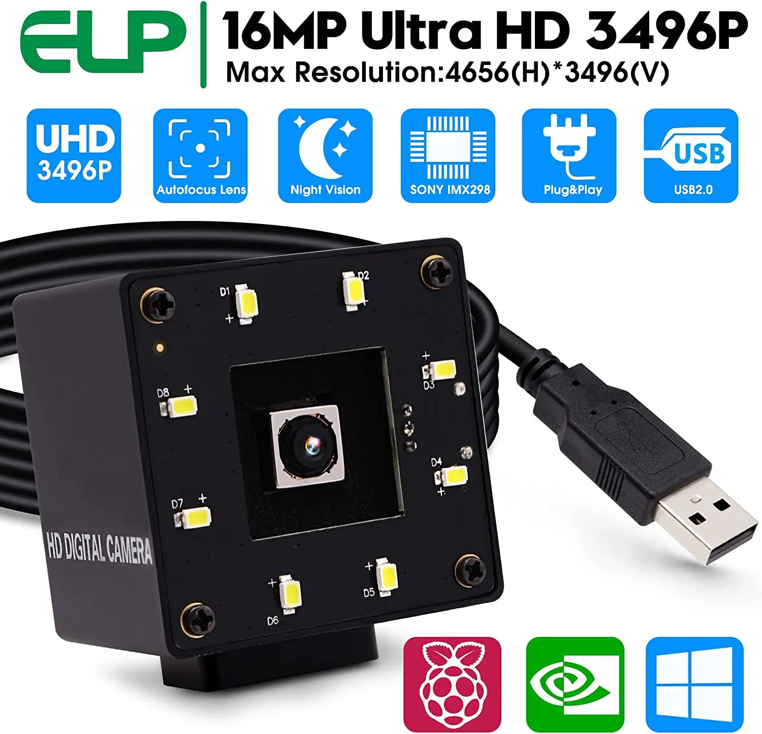 16mp Auto Focus USB Webcam with Metal Case Day & Night Vision AF USB Camera IMX298 4K Mini PC Camera UVC USB2.0 for Scan