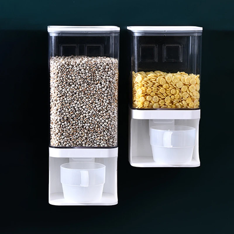 1L/1.5L Cereal Dispenser Plastic Clear Wall Mounted Divided Rice Dry Food Container Storage Organizer For Home Kitchen