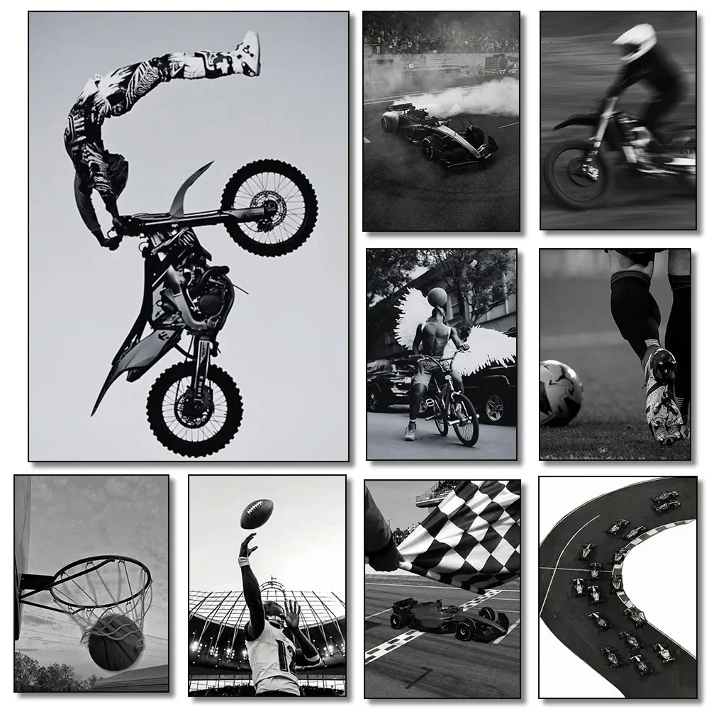 Vintage Motorcycle Dirt Bike Stunt Wall Art Black and White Soccer Basketball Racing Racetrack Canvas Pa