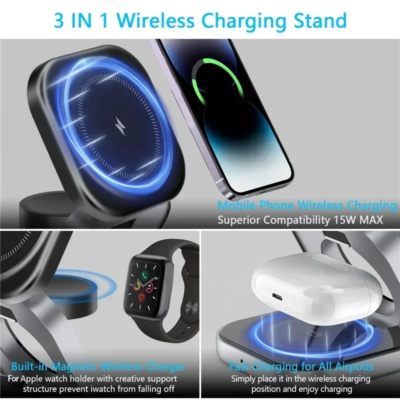 3 In 1 Magnetic Wireless Charger Stand For iPhone 16 15 Samsung S24 S23 Apple Watch Foldable Fast Charging Dock Station Holder