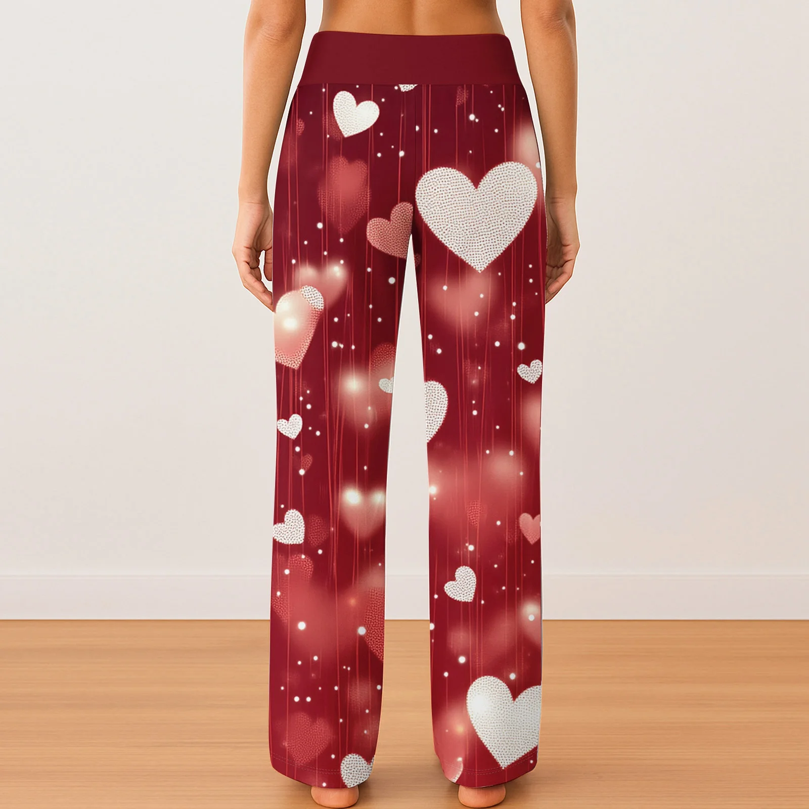 

Женские широкие брюки с принтом сердца на День святого Валентина, повседневные брюки с эластичной резинкой на талии, повседневная одежда для дома для взрослых, 2026, модная стильная одежда