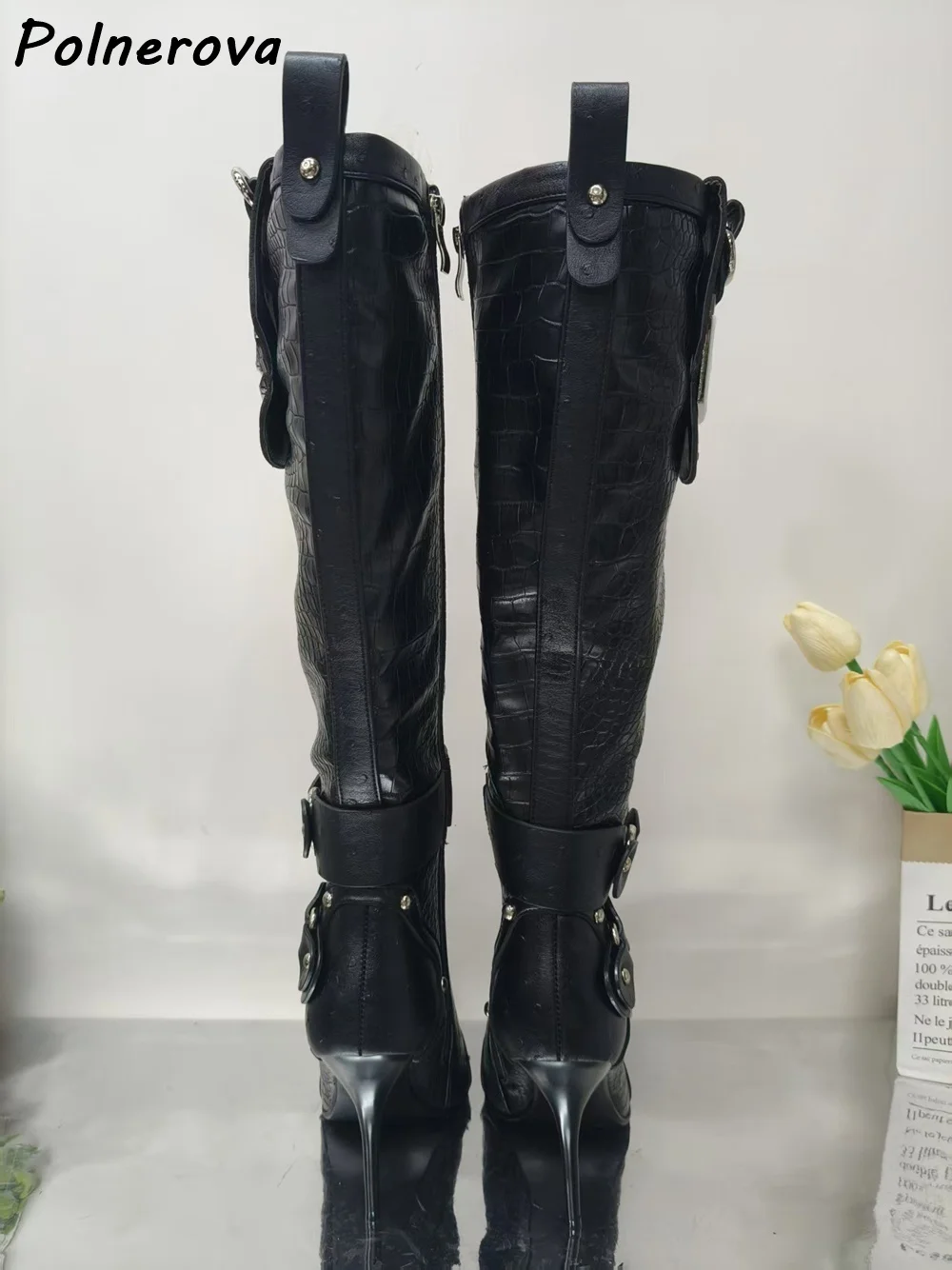 Crocodile Pattern Black Rivet Buckle Boots Dark Punk Solid Pointy Toe Thin Heels Knee High Boots Women Winter Leather Sexy Shoes