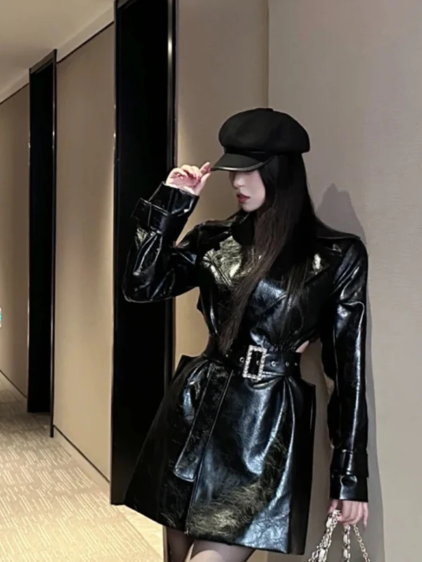 Casaco de couro de luxo eficaz para emagrecimento com cinto e diamante bule comprimento médio com entrescamento na cintura corta-vento