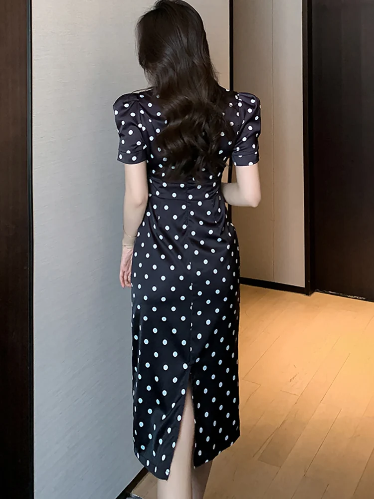 2024 Black Polka Dot Chic Satin Luxury Long Dress Elegant Women's Dresses for Party Summer Short Sleeve Bow Bodycon Prom Clothes