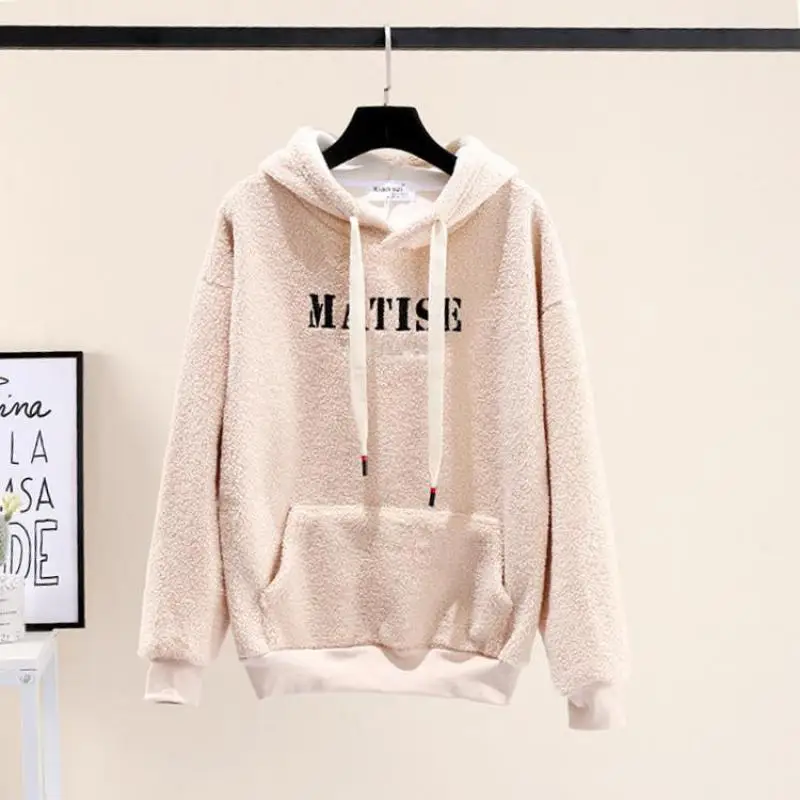 Alta qualidade inverno moda tamanho pequeno roupas femininas menina hoodie harajuku letras moletom cordeiro velo matise pulôver