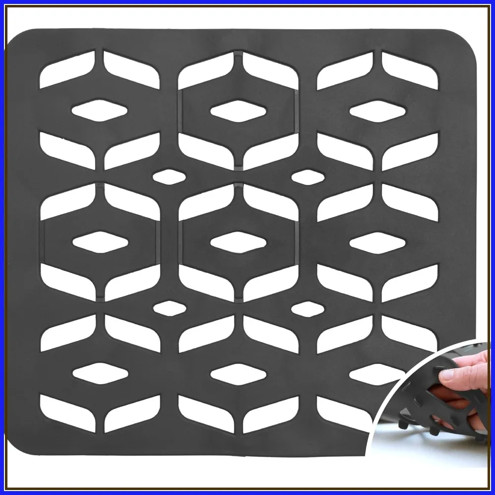 

Kitchen Sink Mat, Cut to Fit Drain Hole, Raised Design for Water Flow, Dark Grey, 12.8 x 11.3 Inches