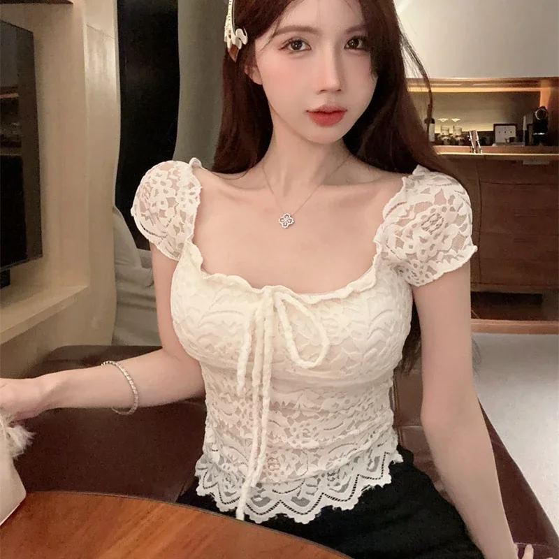 Women Sexy Lace Blouses Summer 2024 Vintage Short Sleeve Blusas Bow Slim Korean Style Y2k Clothes See Through Ladies Tops White