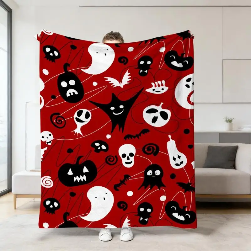 Halloween Warme Weiche Decke mit Geister-, Kürbis- und Totenkopf-Druck, Flanell-Schlafdecken, Multifunktionale Dekorative Decken – Detail 10