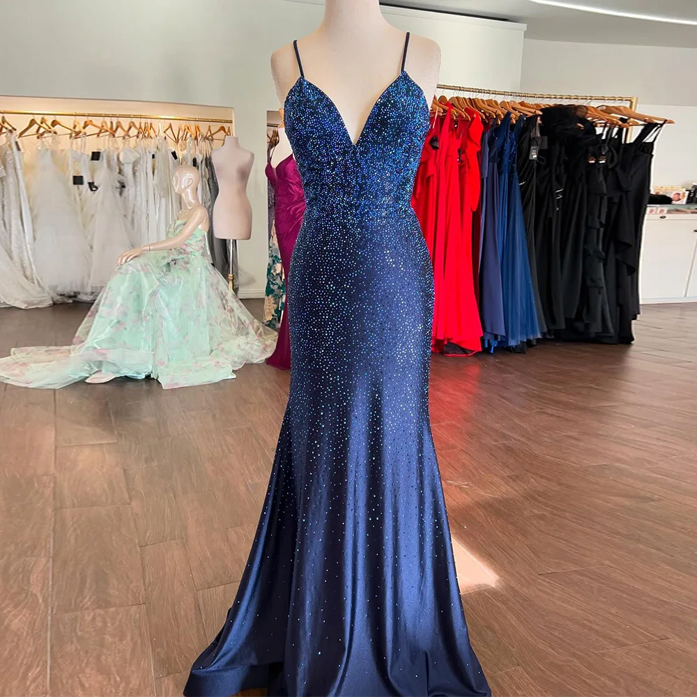 Sequin Sleeveless Spaghetti Straps V-Neck Floor Length Straight Evening Dress Panel Train Crystal Lace Up Back Temperament