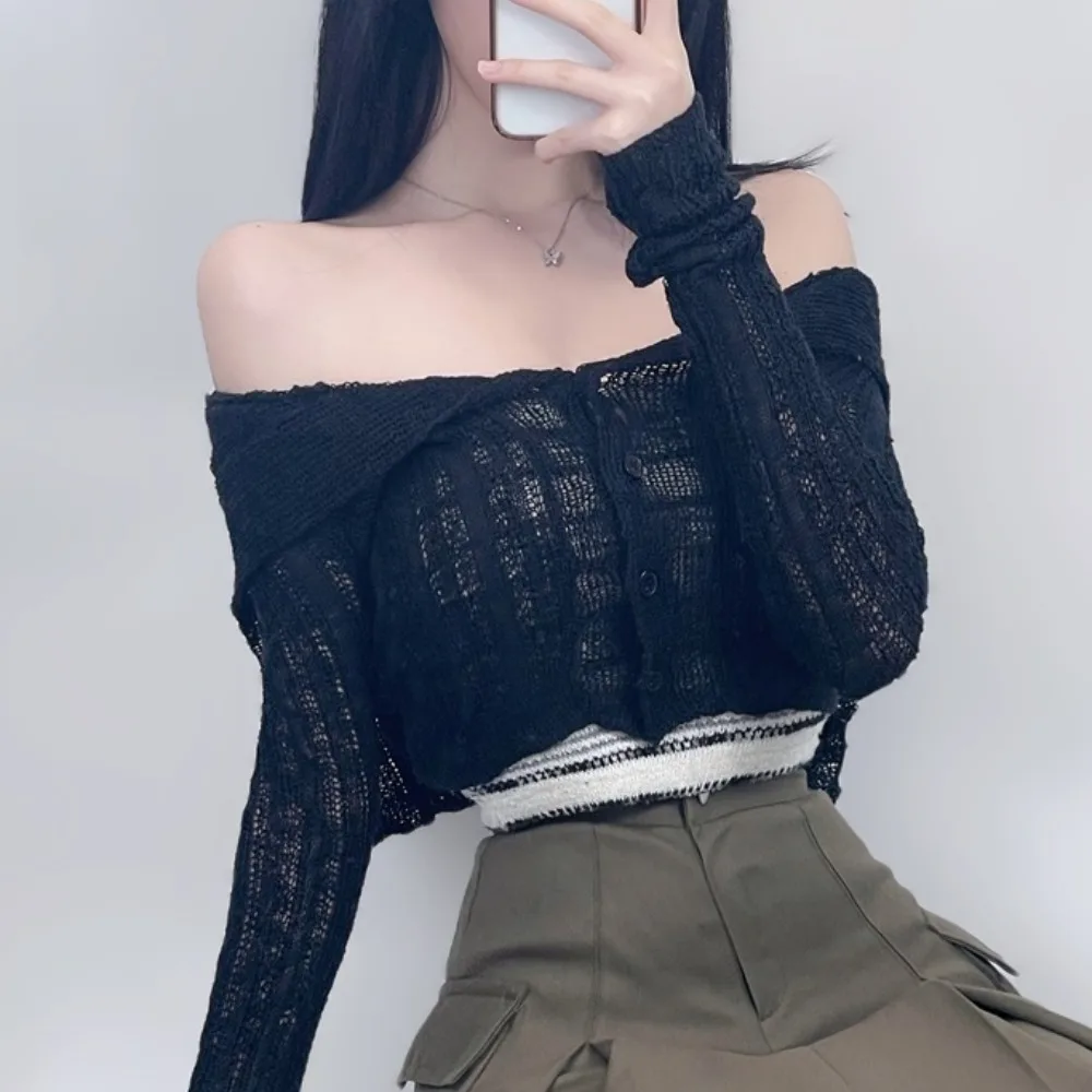 

Chic Spring Navy Collar Open Cardigan Slim Sexy Long Sve Thin Knitted Sweater Jaet Top Polyester Fiber 00% Women's Faion