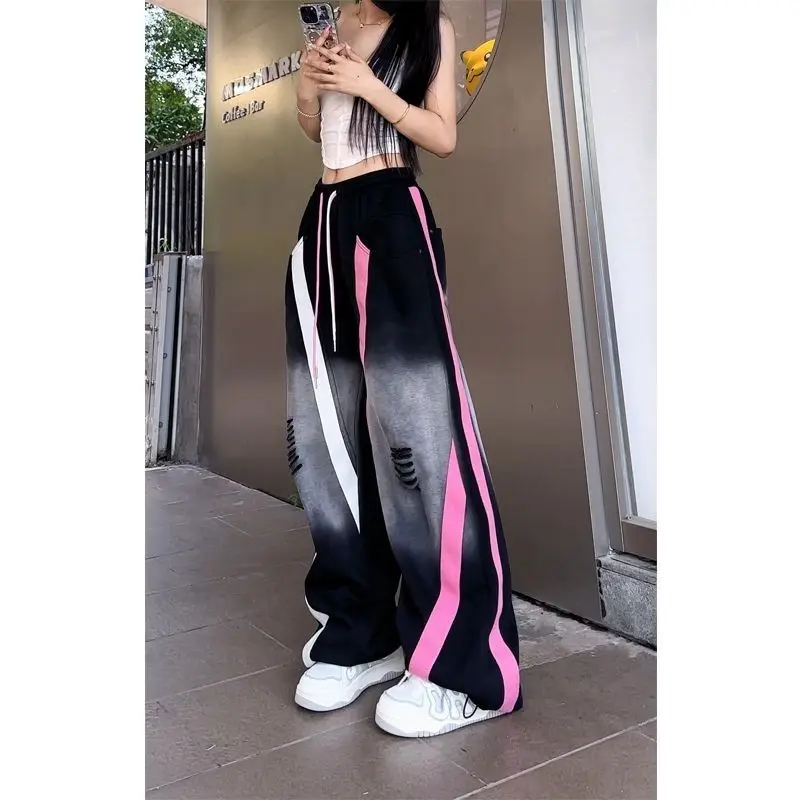 Elastic Waist Casual Women\'s Clothing Korean Hole Streetwear Drawstring Printing Fashion Loose Trend Patchwork Wide Leg Pants