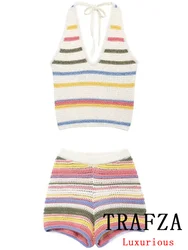 TRAFZA Vintage Casual Chic Women Suit Striped Halter Knitted Sleeveless Top Straight Loose Shorts New Fashion 2024 Autumn Sets