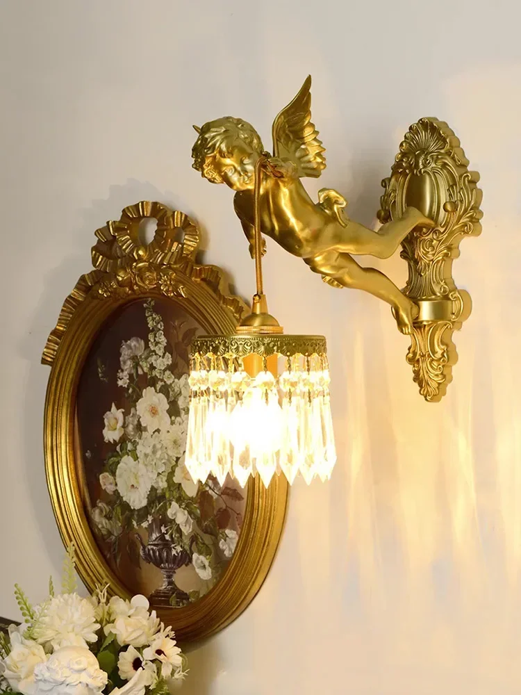 

Прочный французский настенный светильник из цельной меди в стиле Ангел, средневековый, для гостиной, спальни, кабинета, коридора, американский, роскошный, с кристаллами