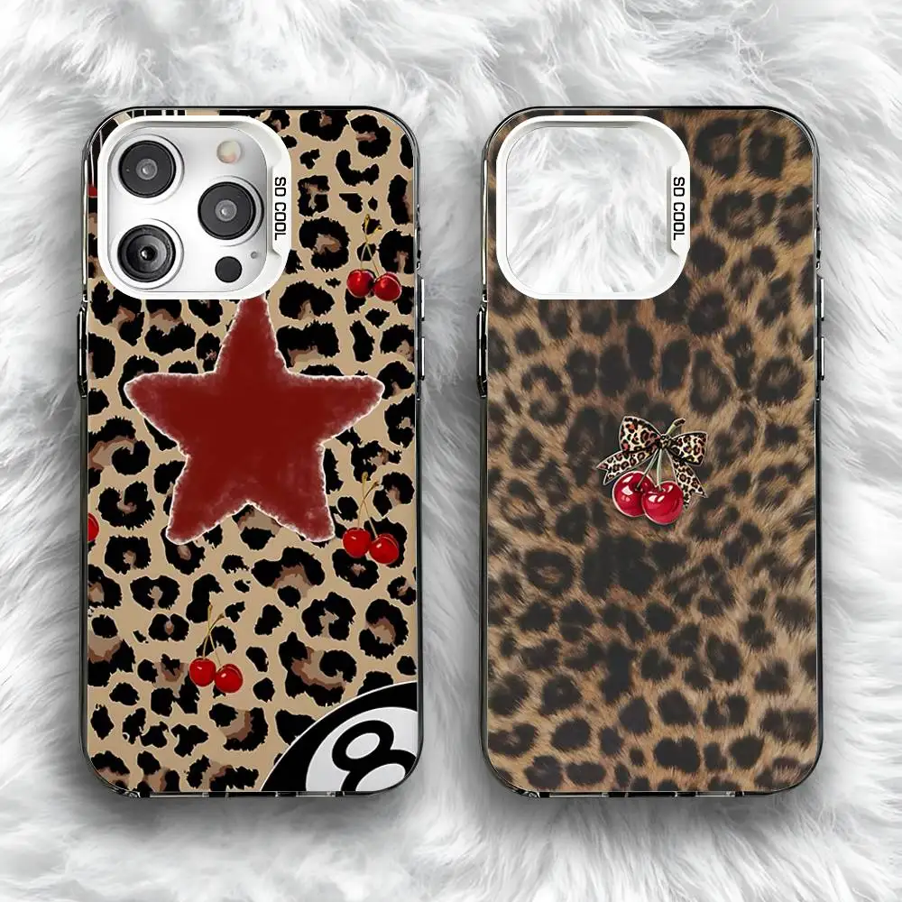 

Leopard Cherry Star Print Phone Case For iPhone 16,15,14,13,12,11,Pro,Max,Plus,Mini,SE Anti Fall Gray White Matte Hard Bumper