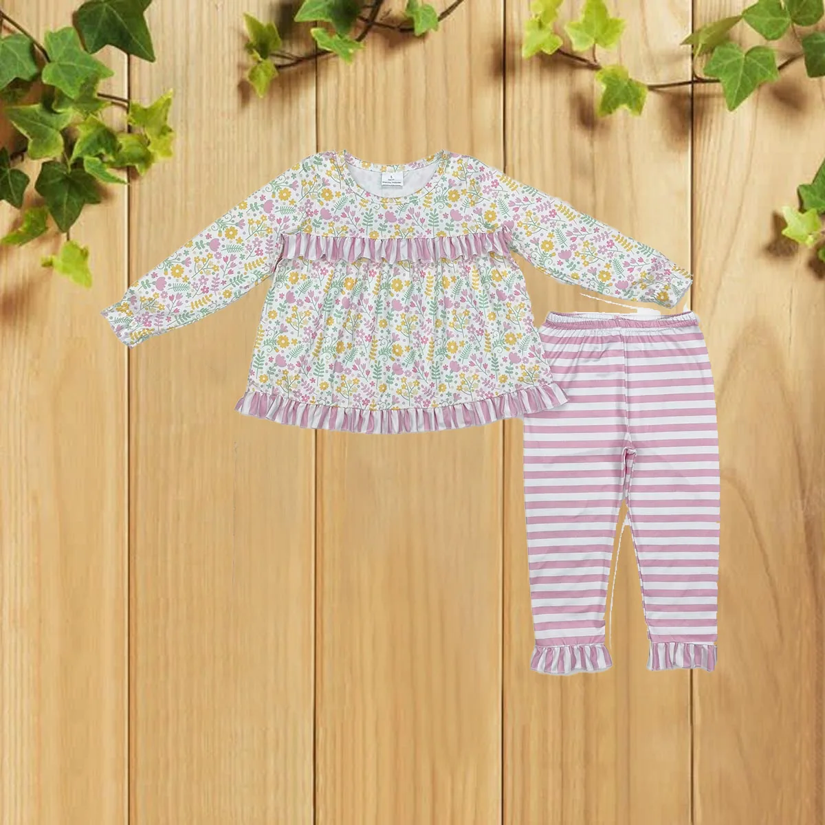 10.23 الخريف الأزهار ورقة الدانتيل طويلة الأكمام الوردي سروال مخطط لطيف الفتاة الزي مجموعة للأطفال