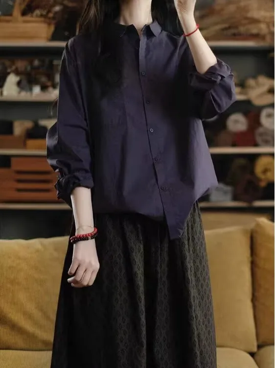 

Loose Cotton Linen irt Casual Long Sve Button up Collar Spring Women's plus Size Faion Artistic Sle Pear Body ...