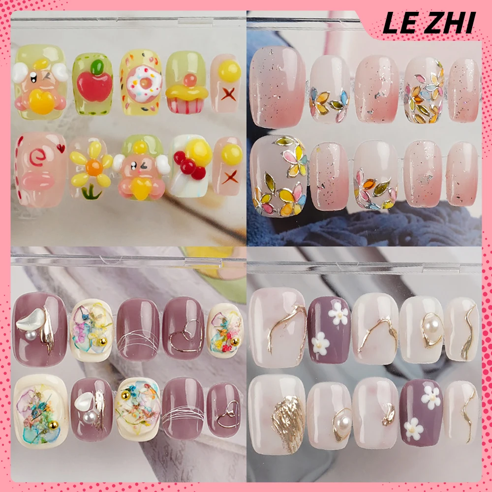 3D Flower Series Pink Purple Cat Eye Handmade Fake Nail Shiny Gold Dust Pearl Bowknot Hand-Drawn Pattern Short Press On Nail Art