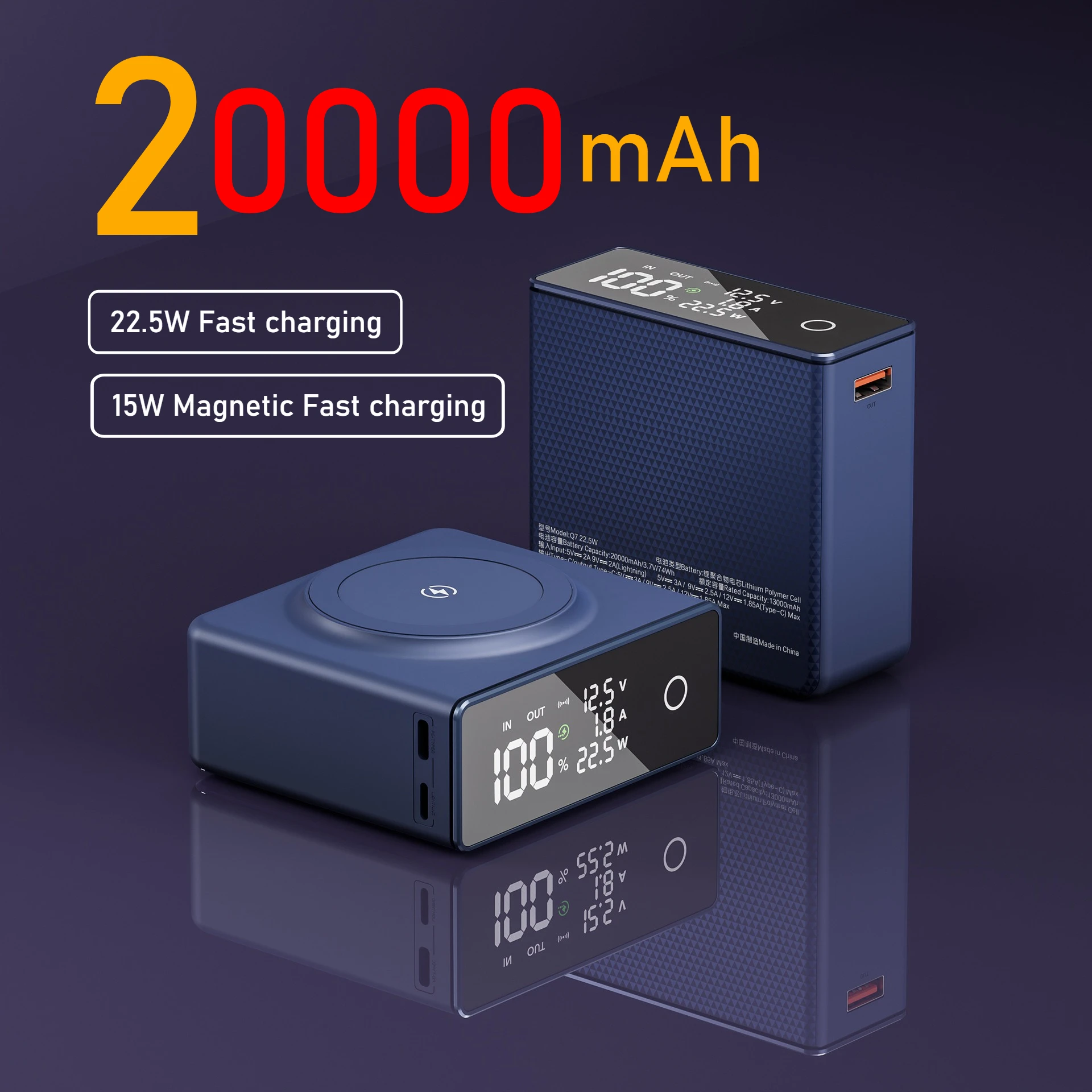 

22,5 Вт Power Bank с быстрой зарядкой 20000 мАч большой емкости PD15W Магнитный внешний аккумулятор с сенсорным дисплеем для IPhone Samsung Xiaomi Huawei
