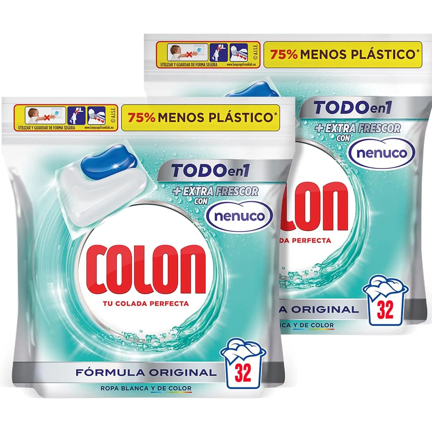 Colon Nenuco Detergente para la lavadora, adecuado para ropa blanca y de color, formato cápsulas, Pack de 2, Total 64 dosis