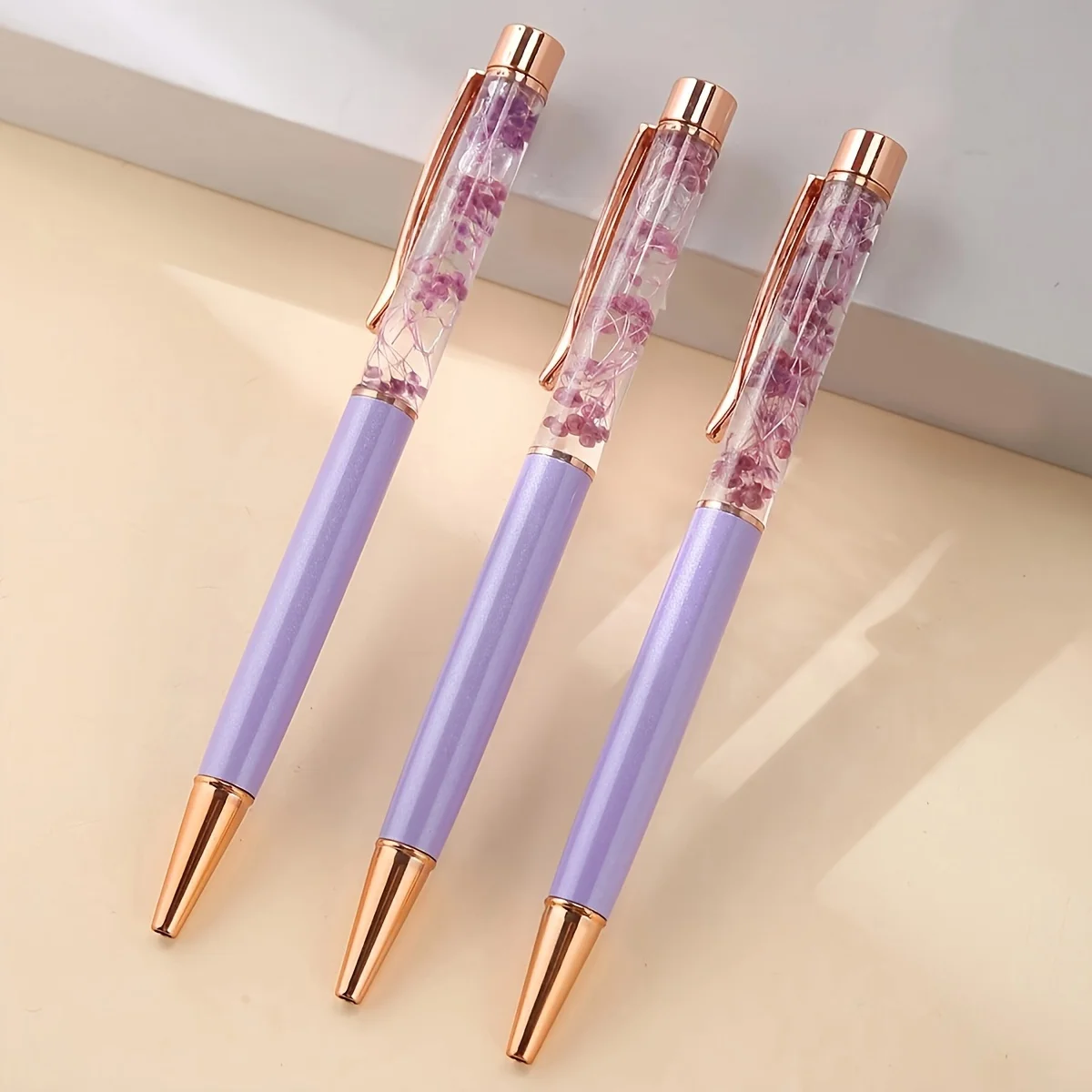 3 Pieces Creative Metal Ballpoint Pen Office Supply Rose Pen Dynamic Liquid Flower Pen Office Accessories Unique