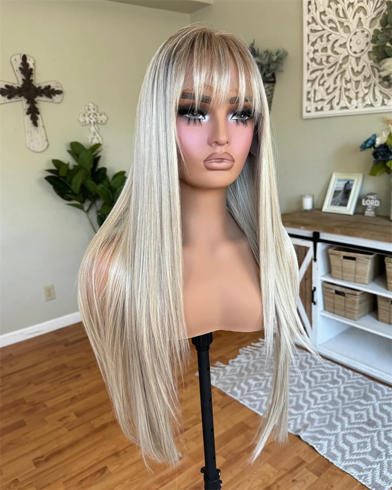 

Женские парики с челкой Ombre Пепельный платиновый блондин синтетический парик Бахрома Бесклеевой кружевной топ Парик Косплей Высококачественный мягкий женский парик